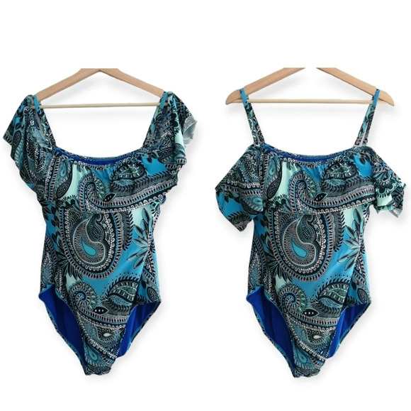 Jantzen Aqua Plus Size Reef Blue Paisley Ruffle One Piece Swim Bathing Suit 14 - Picture 1 of 16